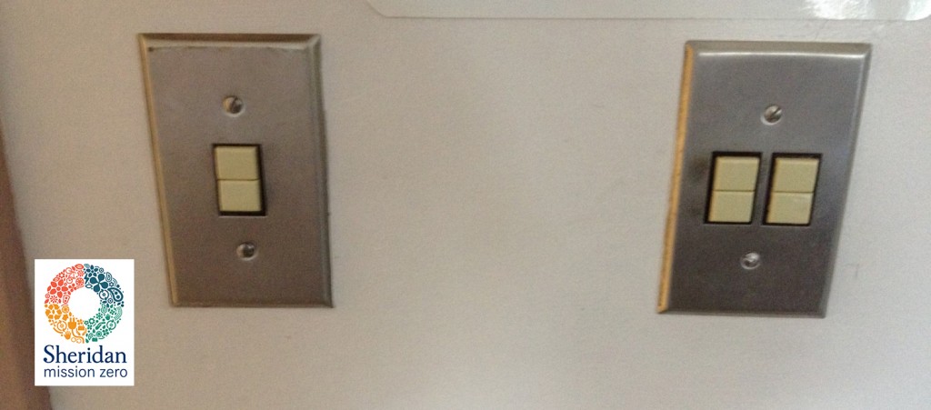 Two dated versions of lighting switches in a Sheridan classroom. 